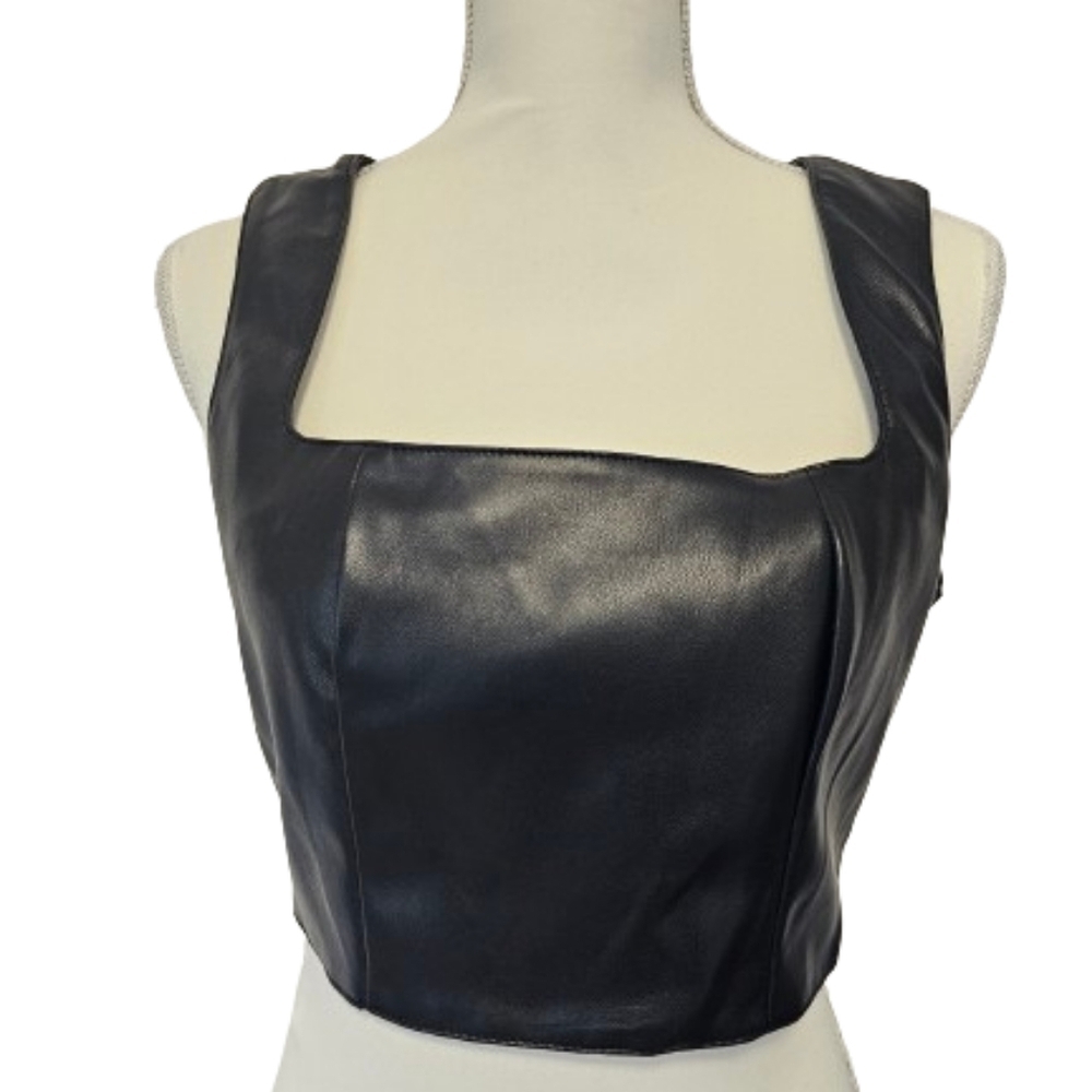 7 For All Mankind Faux Leather Black Crop Top Women's Size Medium NWT